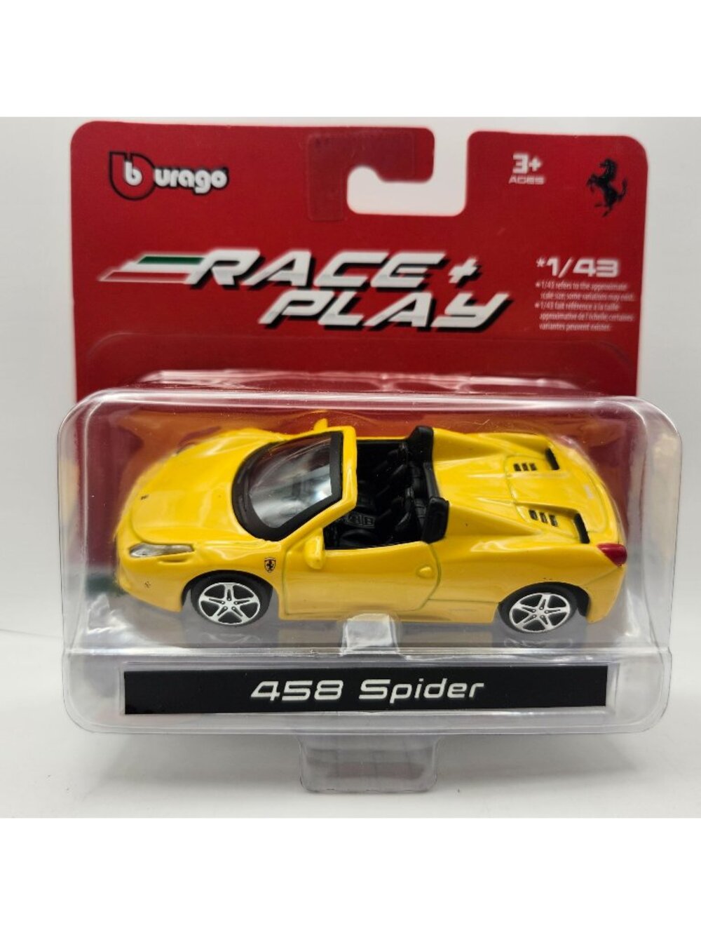 Bburago Ferrari 458 Spider Convertible Yellow Race Play 1/43 Diecast Official